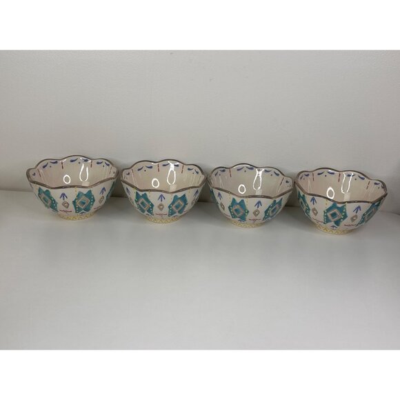 Set Of 4 Hand-Painted Southwest Aztec Boho Ceramic Bowls With Scalloped Edges - Picture 2 of 11
